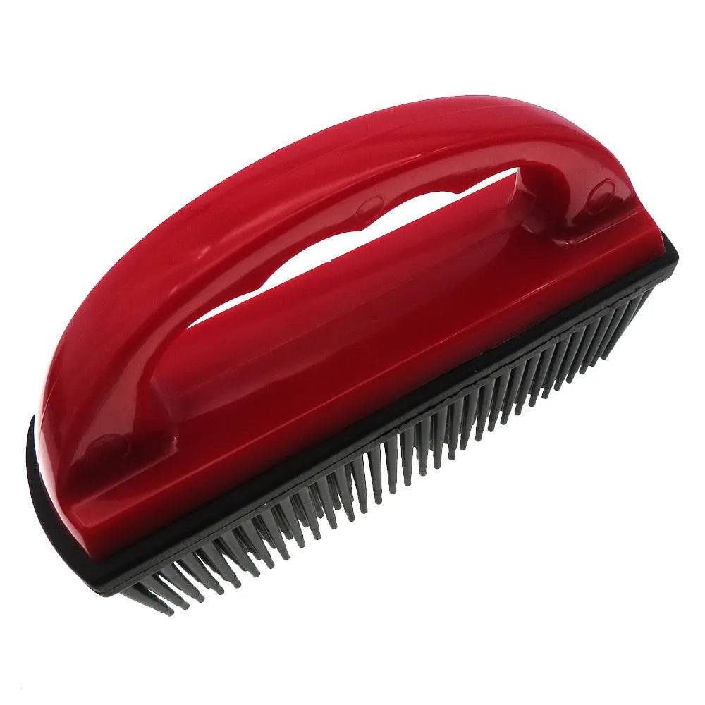 Red pet hair removal brush for grooming and carpet cleaning measuring 160mm by 85mm