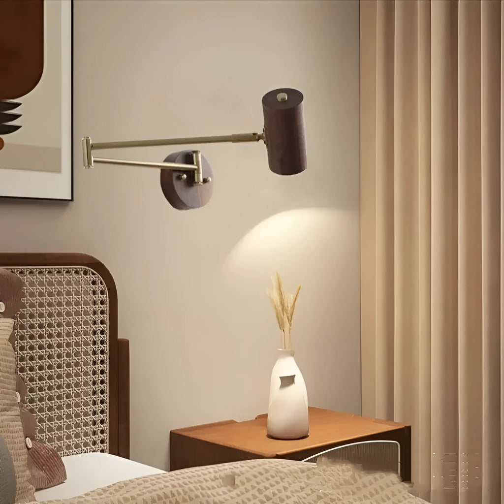 Retro rotating wall lamp with long-arm spotlight in walnut wood and iron with directional adjustment switch