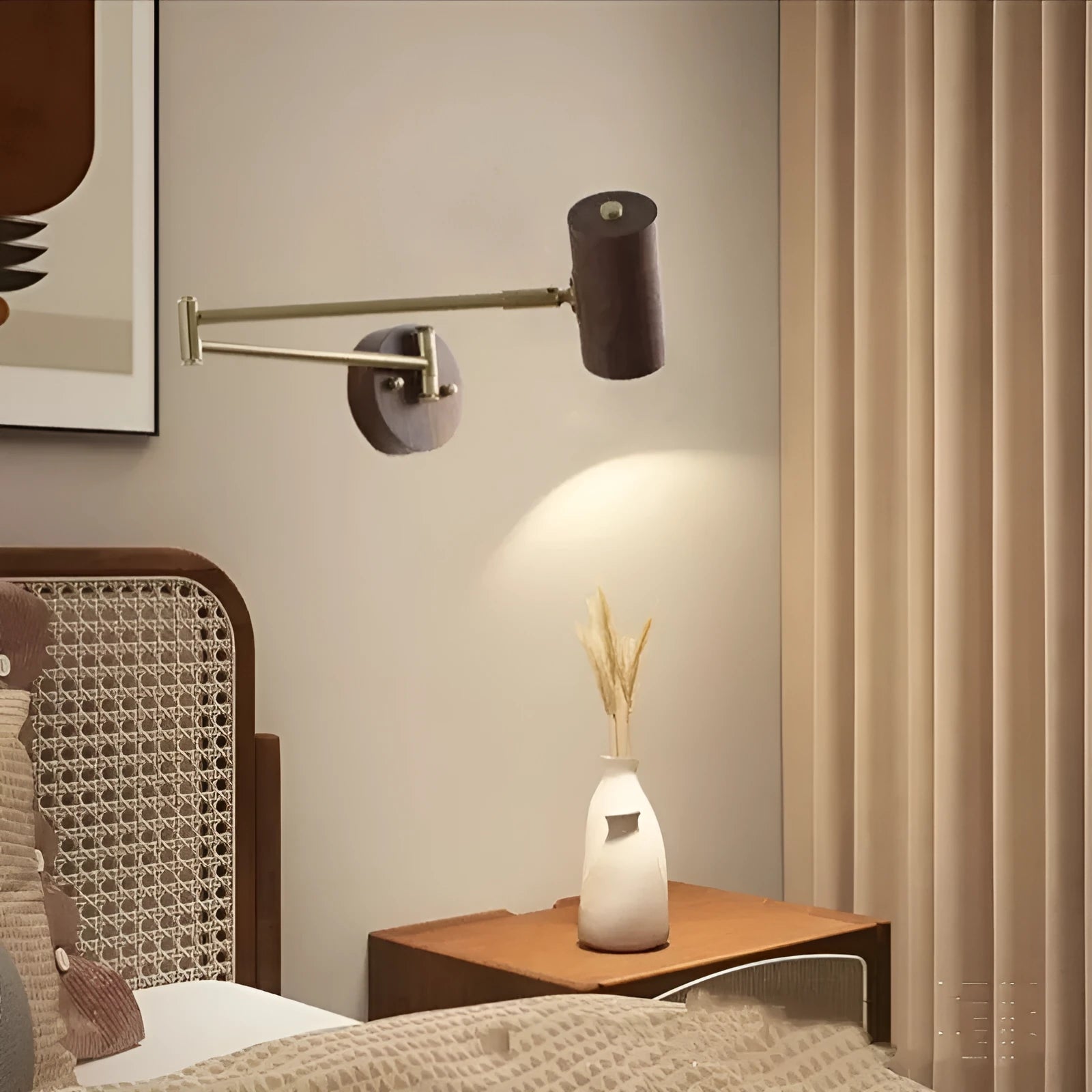 Retro rotating wall lamp with long-arm spotlight in walnut wood and iron with directional adjustment switch
