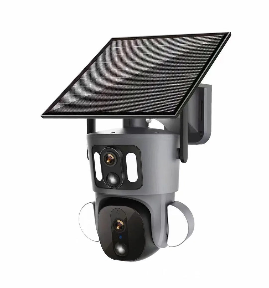 Solar-powered outdoor surveillance camera with integrated solar panel and wireless design