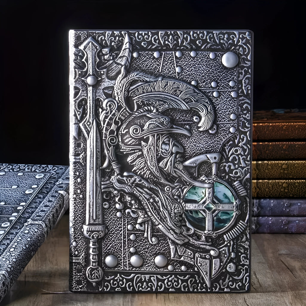 A5 leather notebook with embossed 3D warriors relief design on cover in multiple colour options