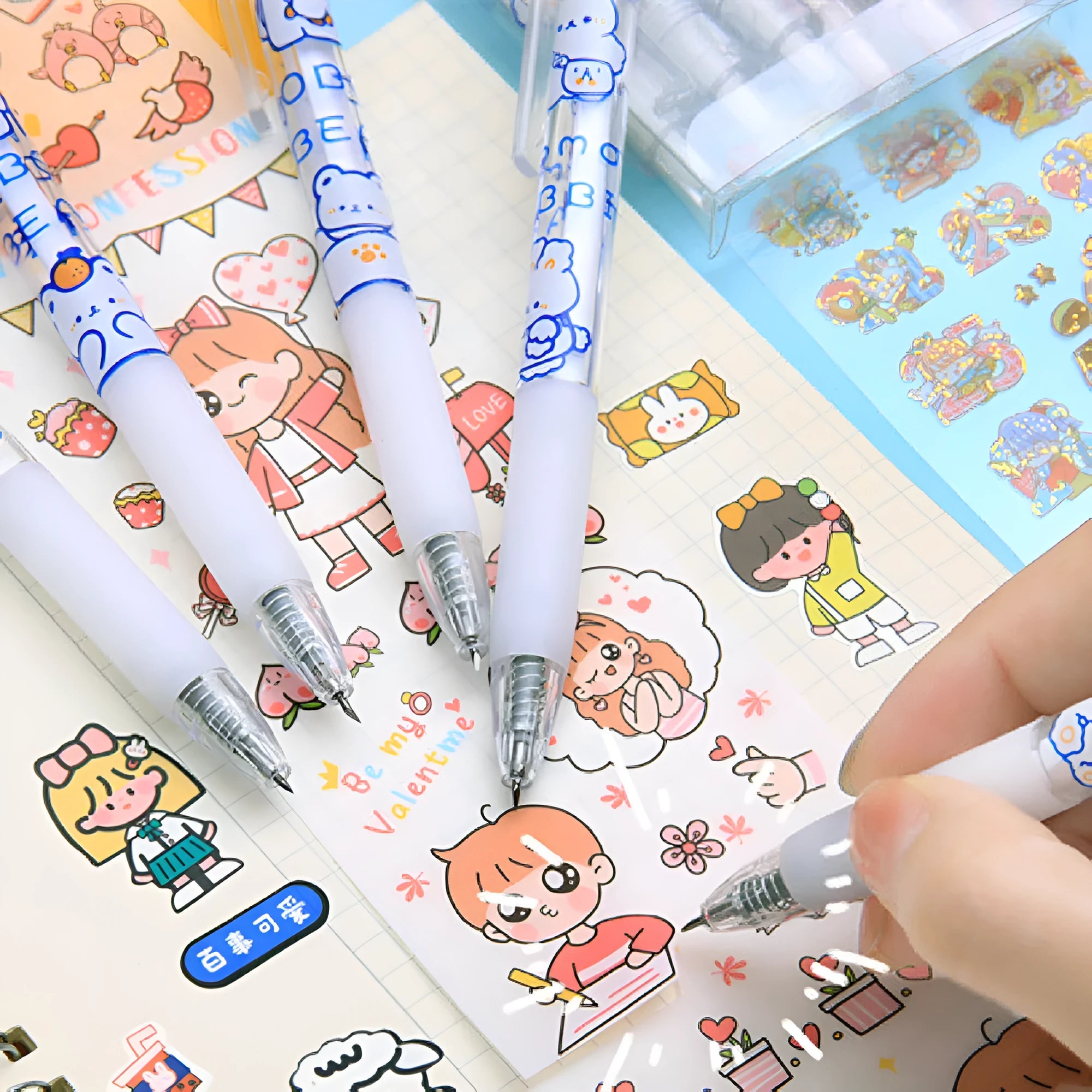 Set of six cream bear press pen knives with various animal designs on a white background