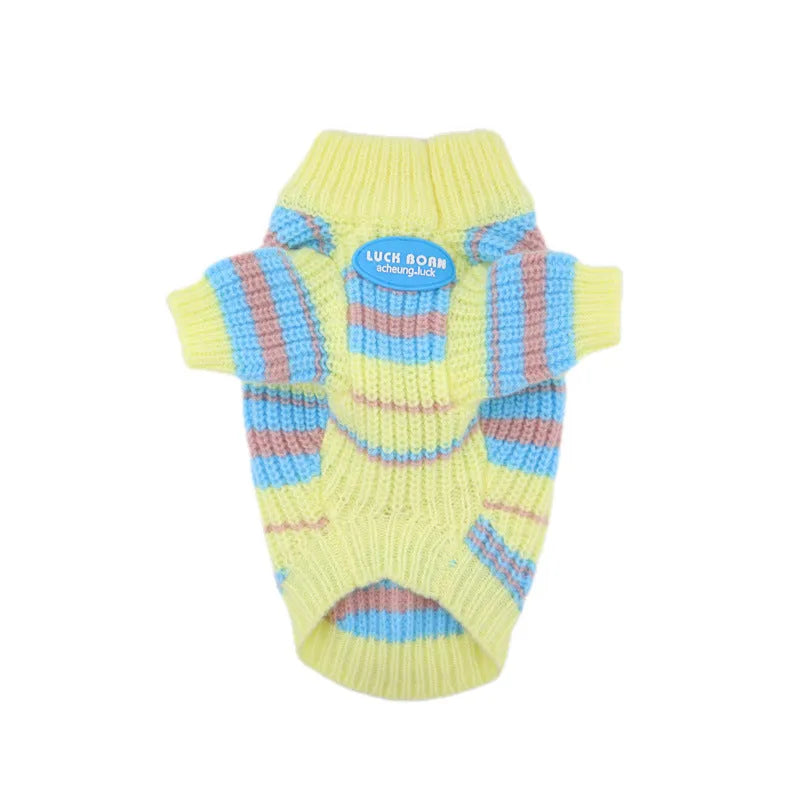 Blue and yellow striped wool sweater for a small dog on a mannequin, showing casual style.