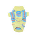 Blue and yellow striped wool sweater for a small dog on a mannequin, showing casual style.