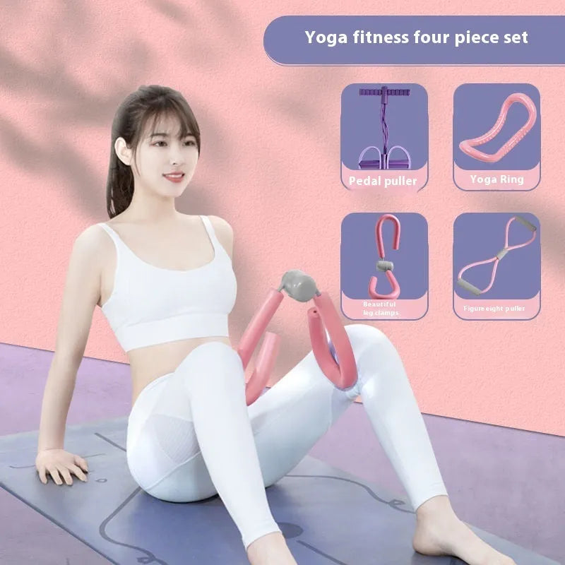 Yoga four-piece set with leg stretching device, ring, pedal tensioneer, and figure eight rope