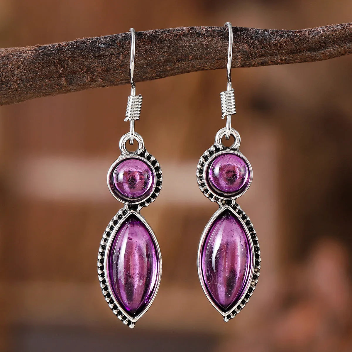 Vintage geometric earrings with black and purple pendants, zinc alloy bohemian jewellery for women