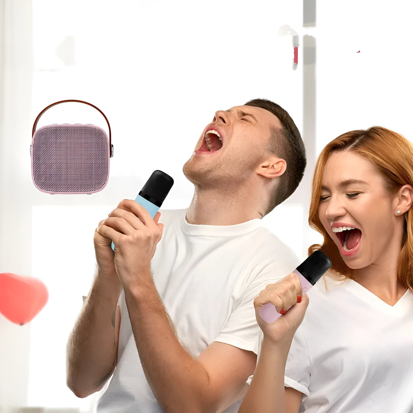 Compact blue, pink, or white wireless Bluetooth speaker with microphone and USB port.