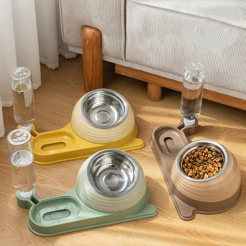 Elevated cat food bowl with automatic water dispenser bottle in choice of brown, green or yellow colours
