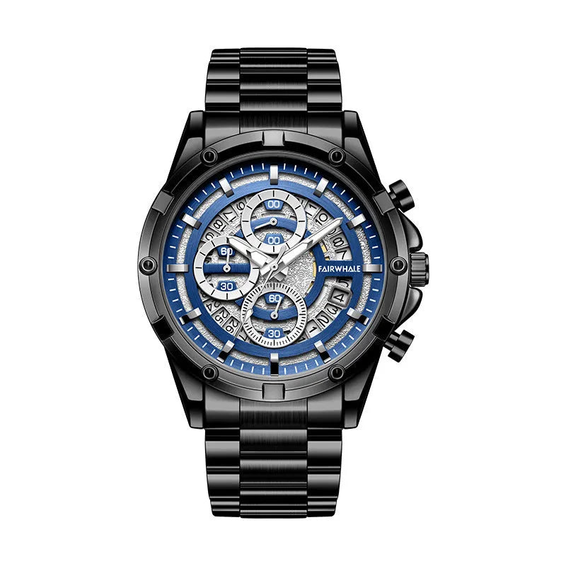 Men's waterproof quartz watch with luminous hands and steel bracelet in three colour variations
