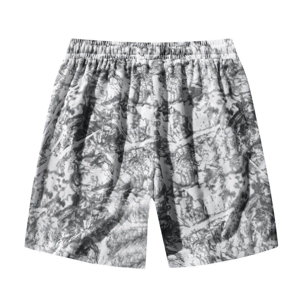 Men's grey camouflage print corduroy athletic shorts with a high waist and straight leg