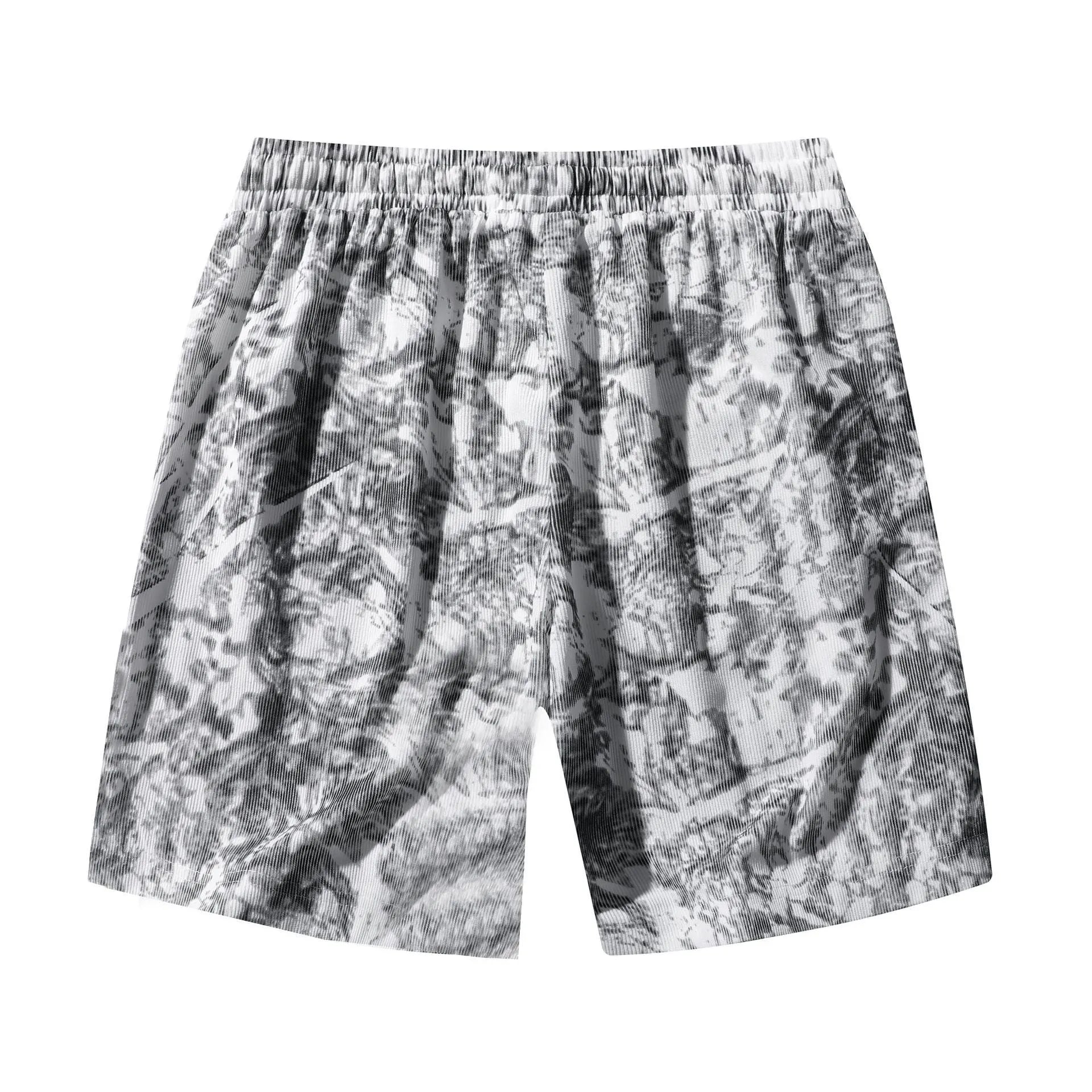 Men's grey camouflage print corduroy athletic shorts with a high waist and straight leg