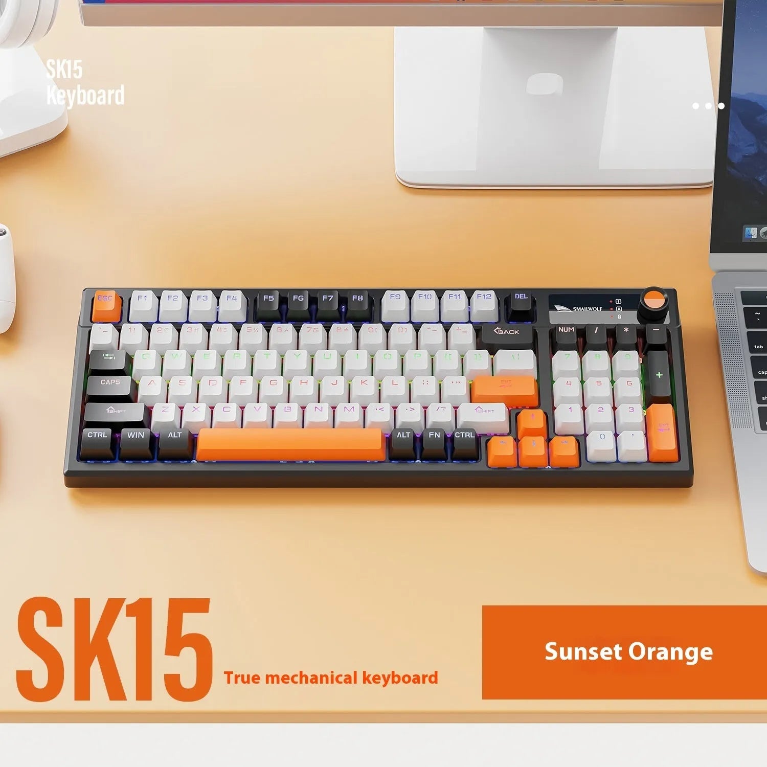 SK15 wired mechanical gaming keyboard with control knob in Autumn Water Blue colour on a desk.