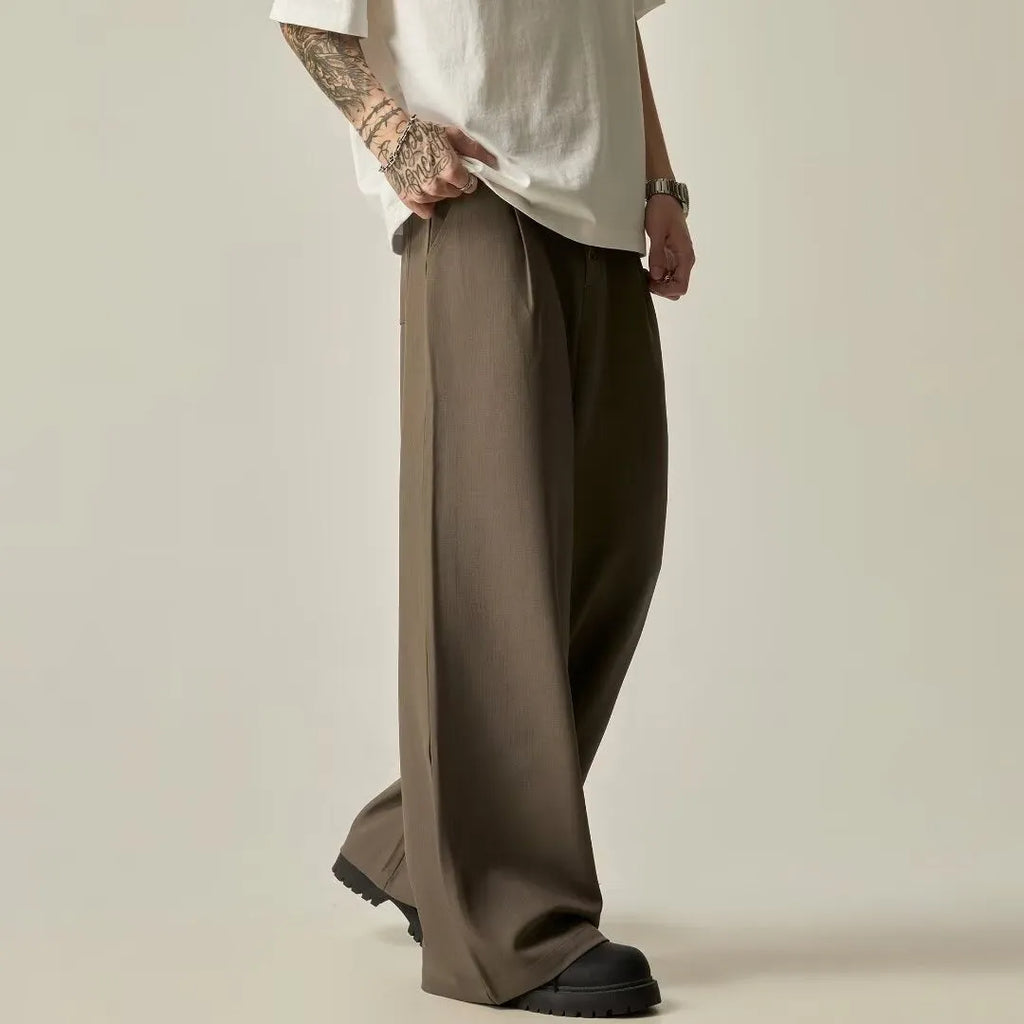 Men's solid colour vertical tube wide-leg casual trousers in black and brown options