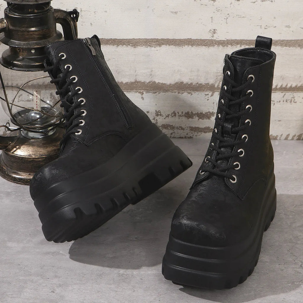 Women's black retro patchwork platform Martin boots with side zip and chunky heel