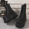 Women's black retro patchwork platform Martin boots with side zip and chunky heel