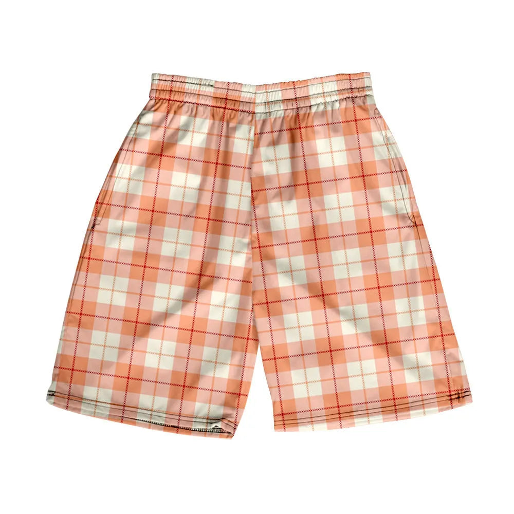 Man wearing casual plaid polyester shorts with an elastic waistband, shown in a straight-leg shorts style.