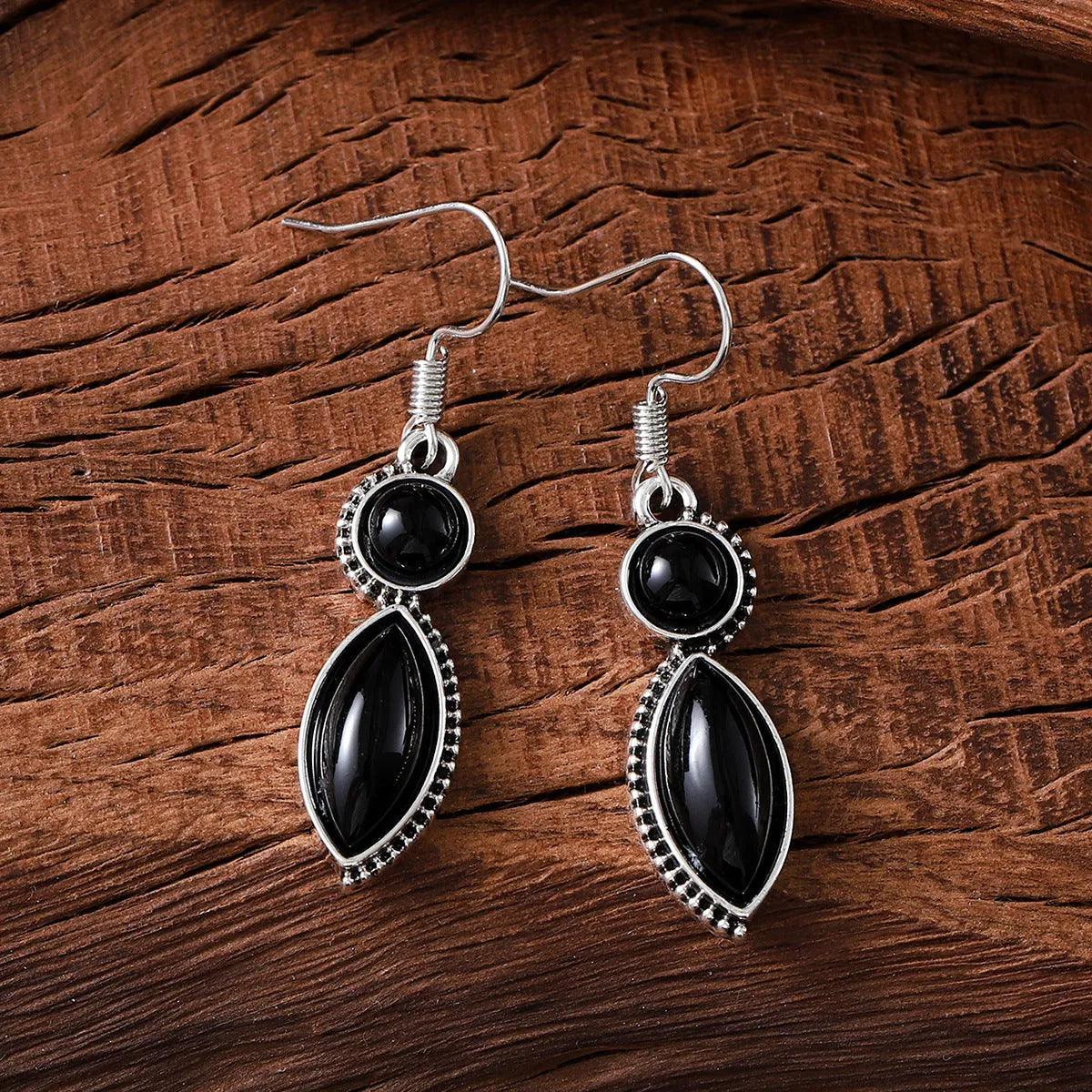 Vintage geometric earrings with black and purple pendants, zinc alloy bohemian jewellery for women