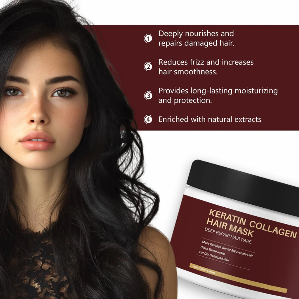 100ml pot of collagen protein hair mask for moisturising and repairing dry hair.