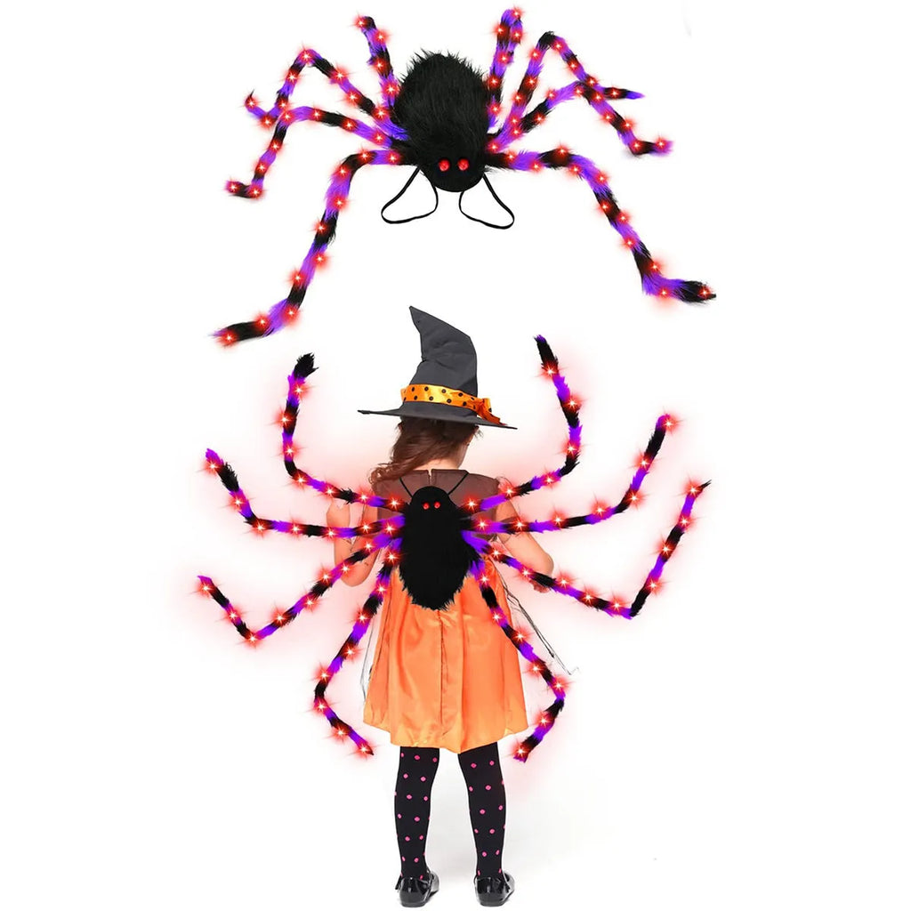 Halloween spider plush backpack with LED lights in orange, purple, white, green, or red colour options