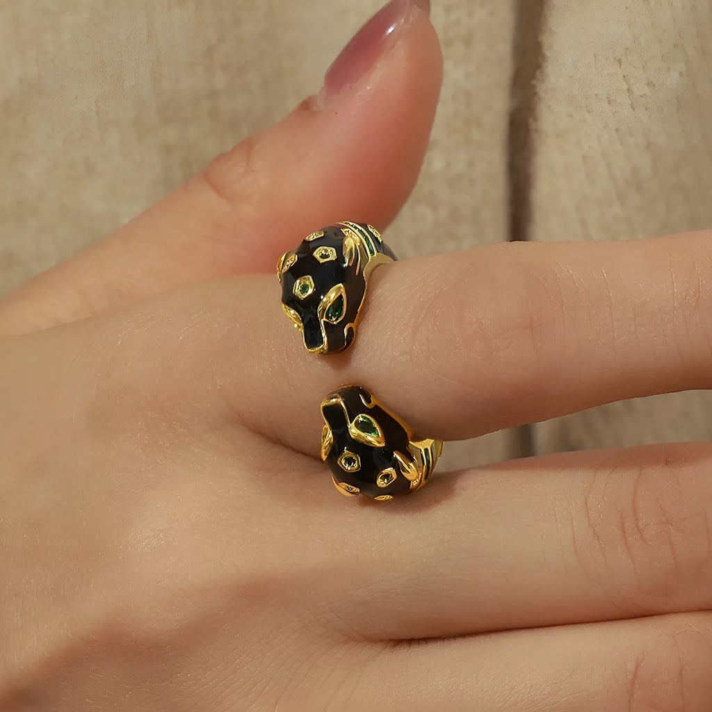 Geometric open ring for women with a black cheetah print pattern, size 7.