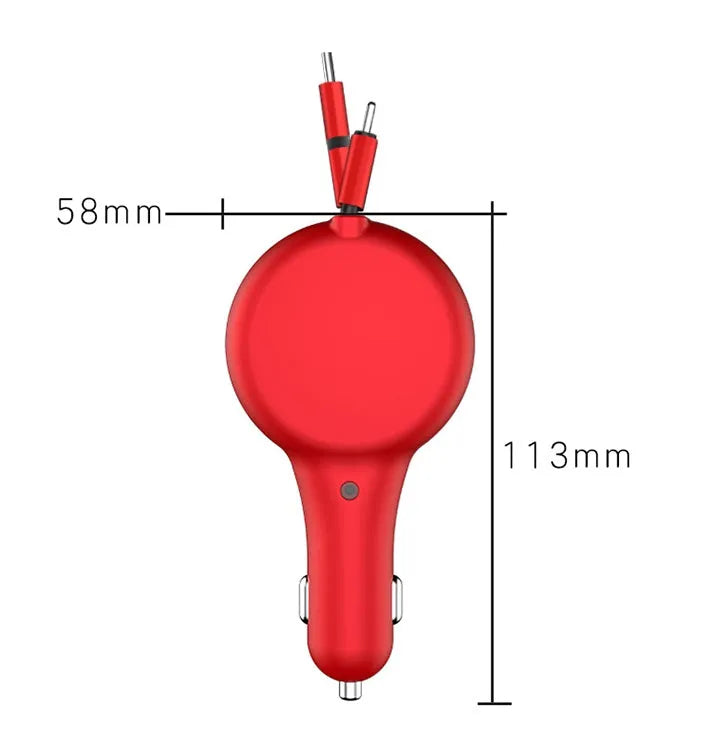 Retractable dual USB car charger with compact 58mm body and extendable cables in black colour