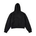 Short black Chinese cotton composite velvet hooded sweater with a removable hood on a hanger.