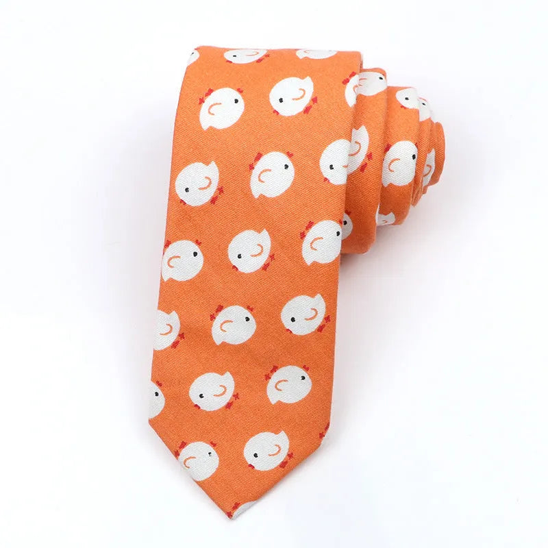 Korean style narrow men's cotton bow tie featuring a printed cartoon pattern in assorted colours.