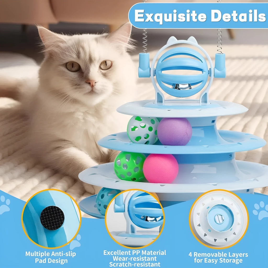 Blue 4-tier interactive cat puzzle toy with balls and teasing rods
