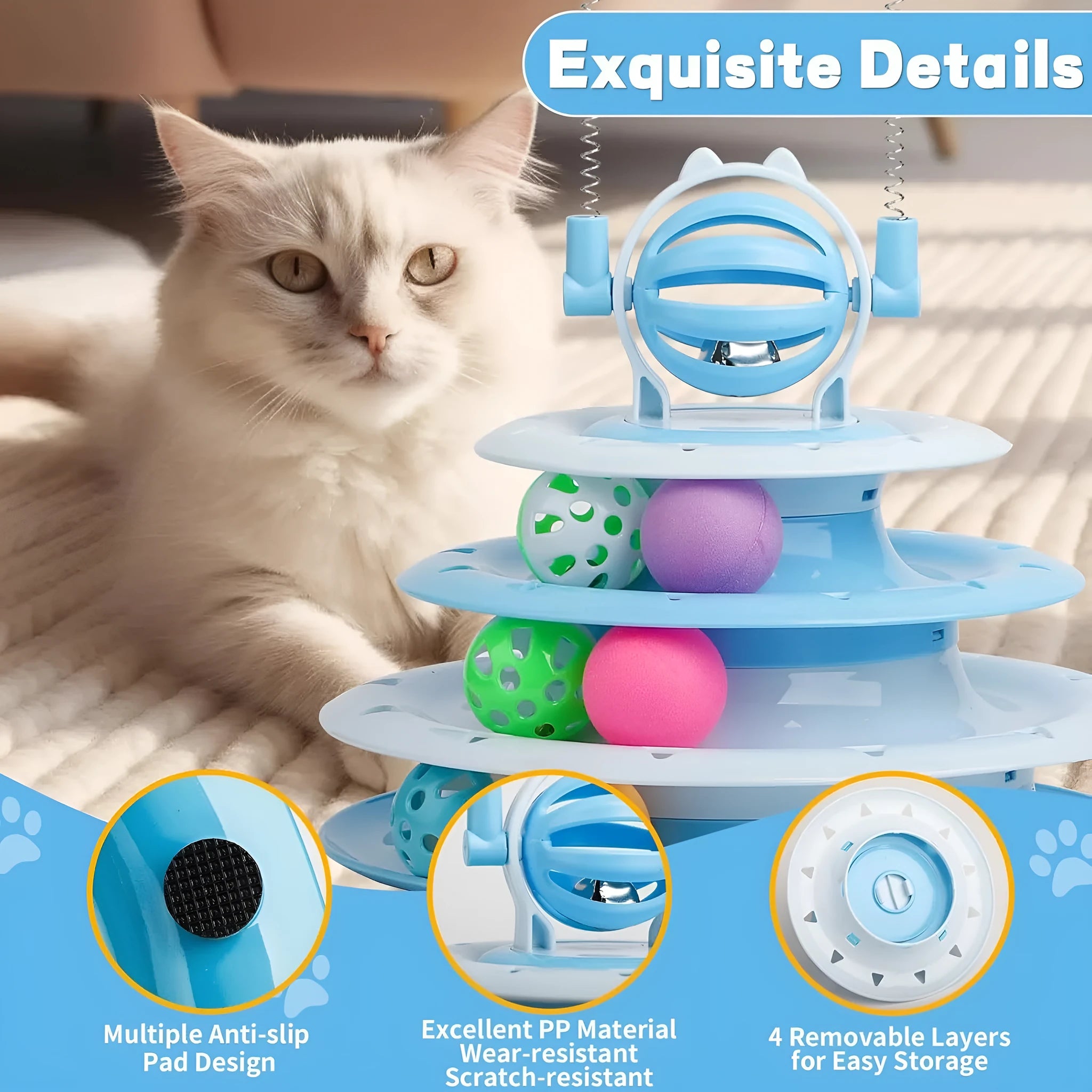 Blue 4-tier interactive cat puzzle toy with balls and teasing rods