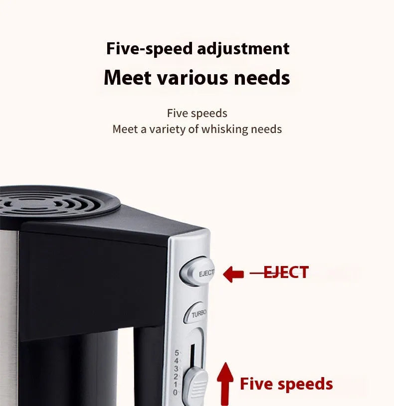 White handheld electric mixer with five speed settings and dual voltage compatibility for baking