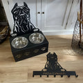 Personalised dog bowl holder with stainless steel bowl and wrought iron stand, custom name engraving