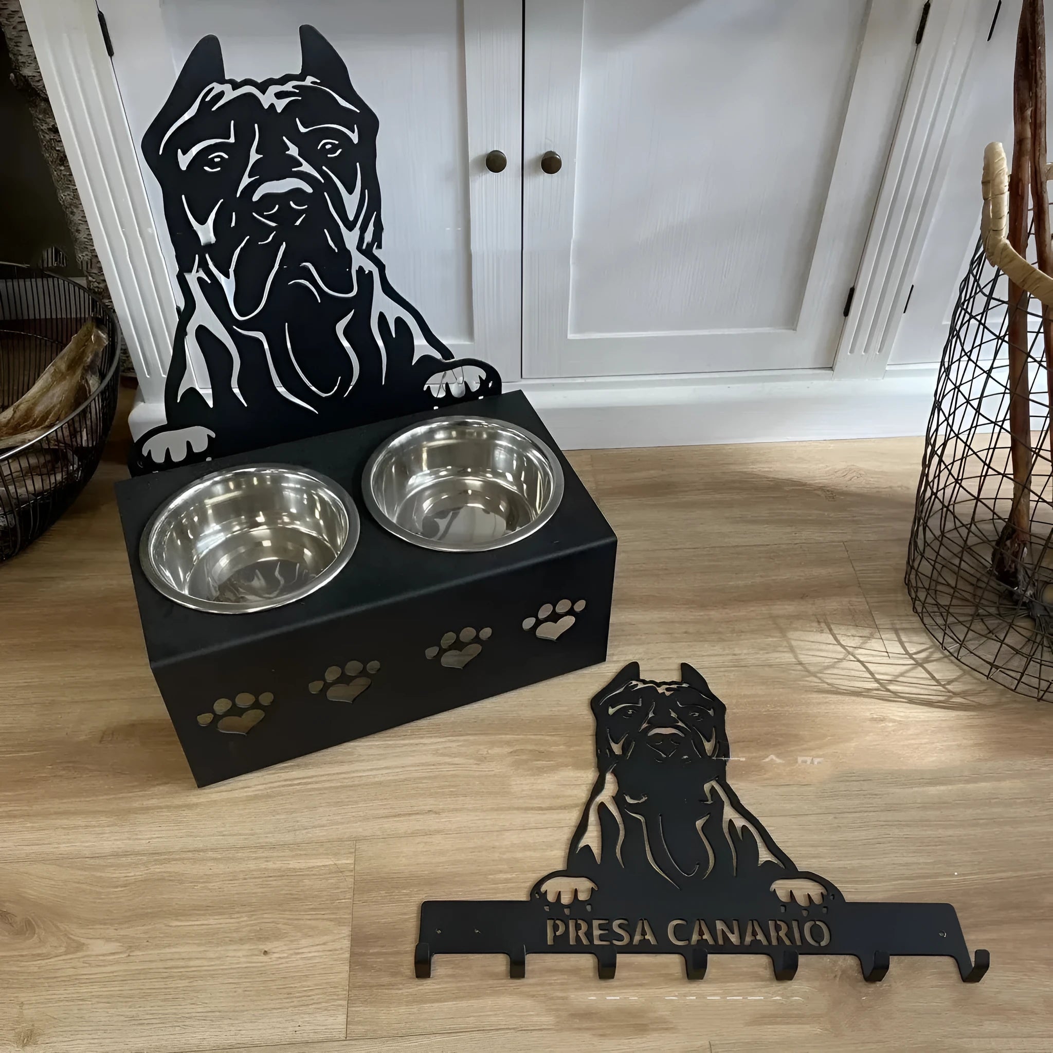 Personalised dog bowl holder with stainless steel bowl and wrought iron stand, custom name engraving