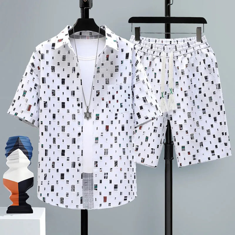 Men's casual polyester shorts two-piece set in a solid colour, showing short sleeve top and matching shorts.