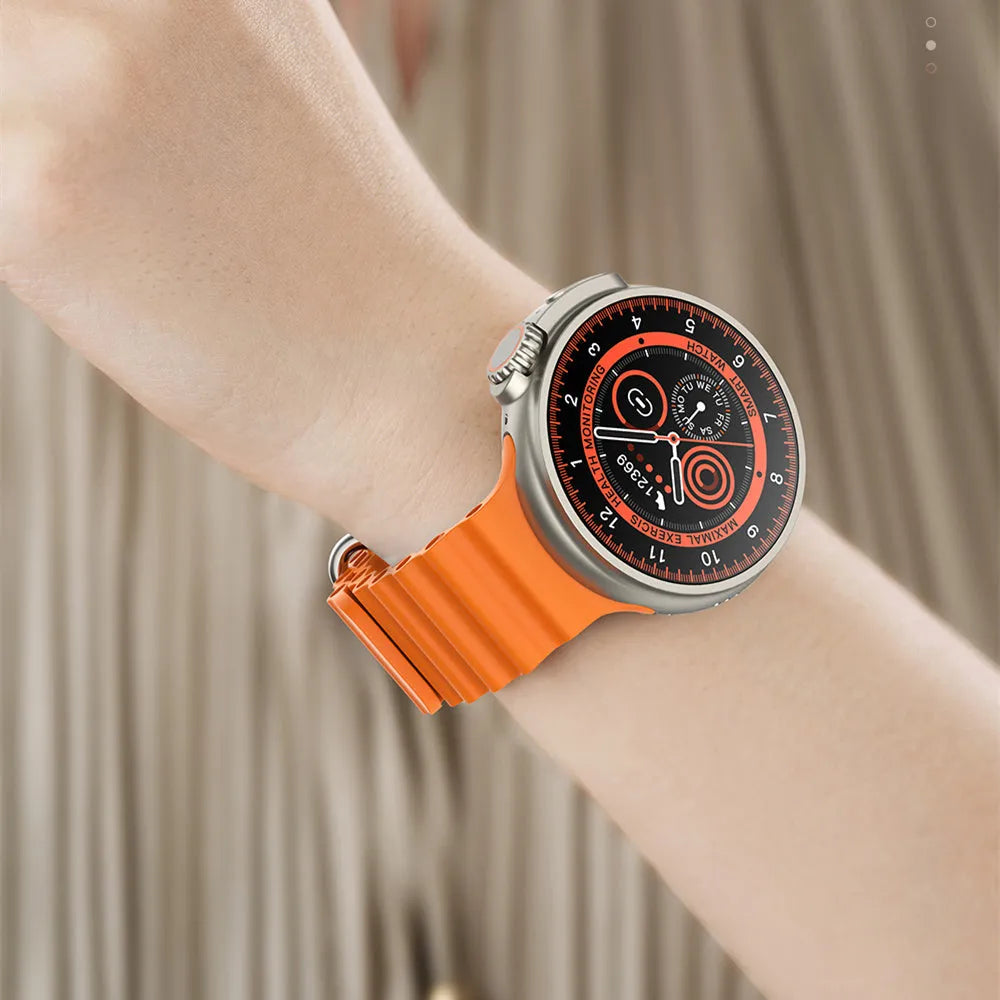 K9 smartwatch with round screen on silicone strap, showing health stats and NFC payment icon.