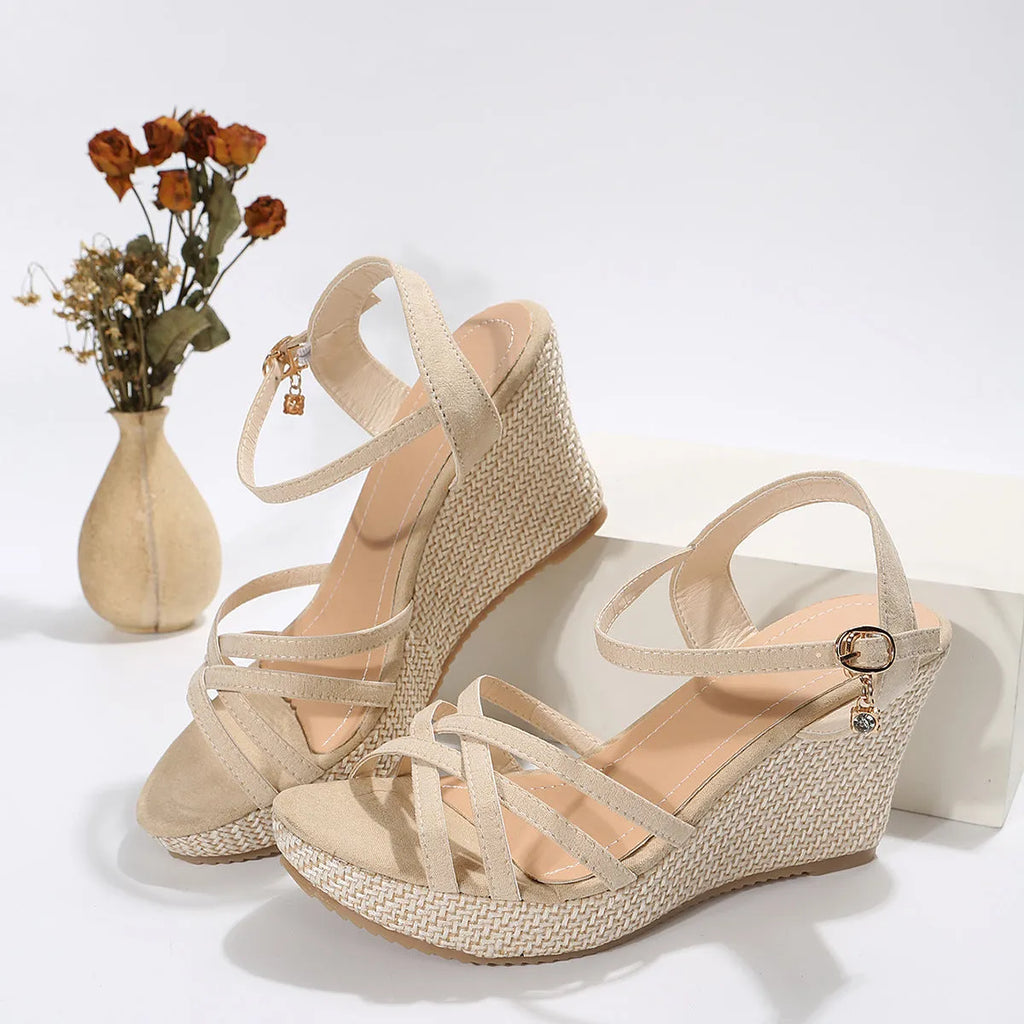 Women's beige wedge sandals with fish mouth open toe and cloth upper