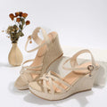 Women's beige wedge sandals with fish mouth open toe and cloth upper