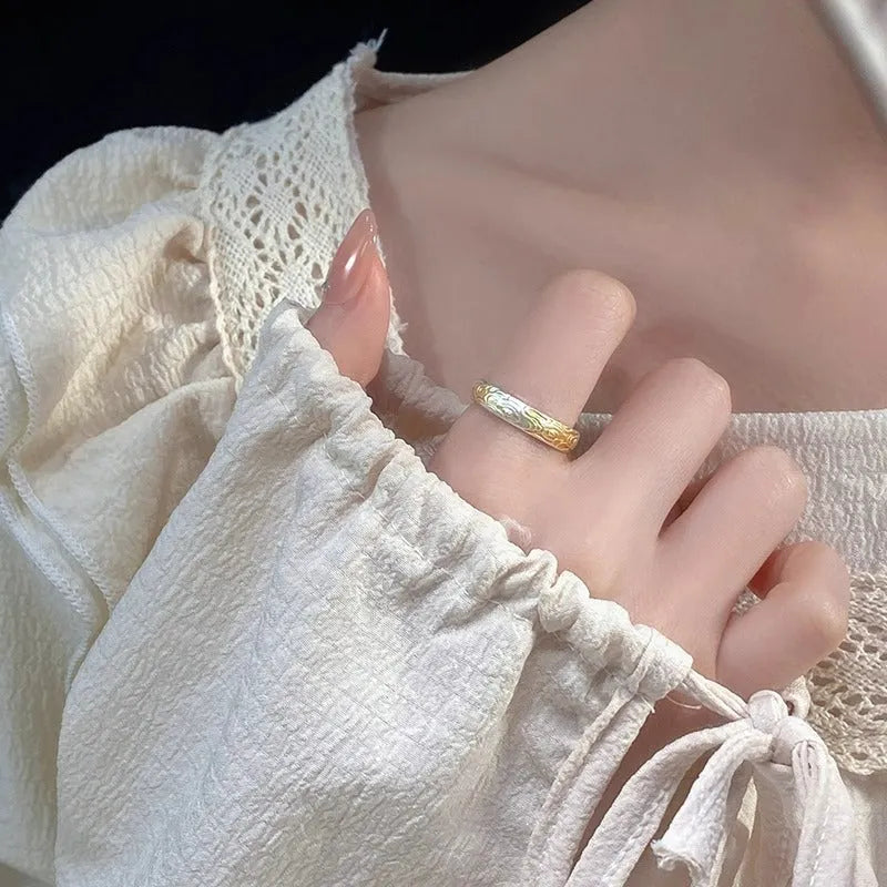 J14 Xiangyun pattern adjustable open ring in electroplated silver and gold on white copper