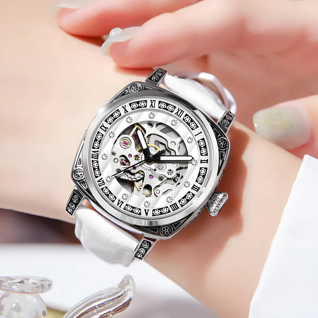 Mechanical luminous waterproof watch with leather strap in multiple colour options