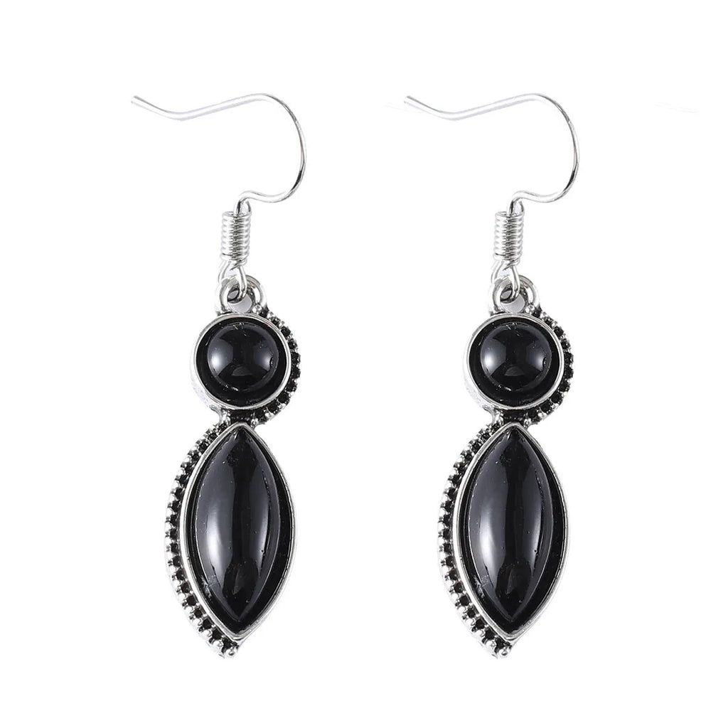 Vintage geometric earrings with black and purple pendants, zinc alloy bohemian jewellery for women