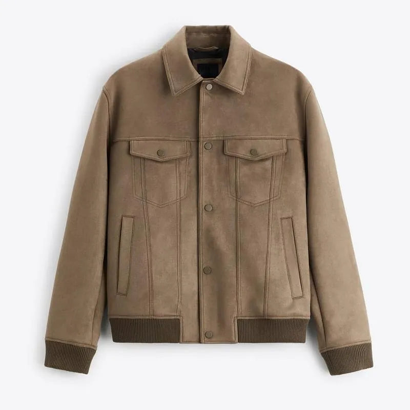 Women's light grey suede velvet commuter jacket with long sleeves and a British-style cut.
