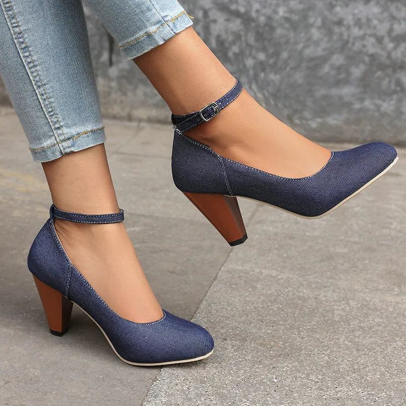 Blue denim women's high heel shoes with a buckle strap and waterproof platform sole.