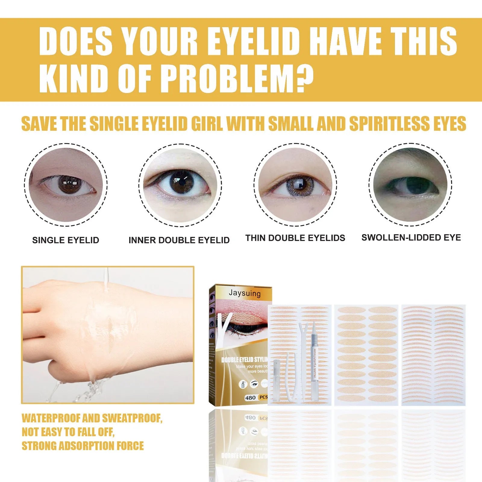 Double eyelid sticker set with 12 sheets of 480 invisible stickers and application tools
