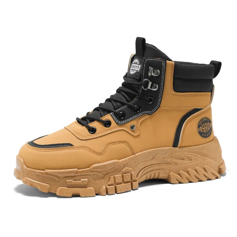 Men's black and yellow Martin work boots with a mid-calf height and injection moulded sole