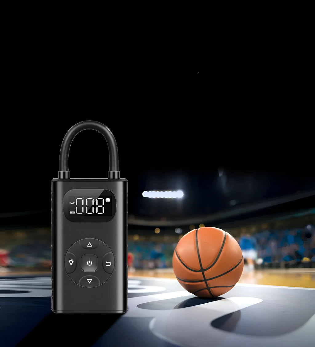 Black aviation aluminium portable tyre inflator with digital display and hose for cars and motorcycles.