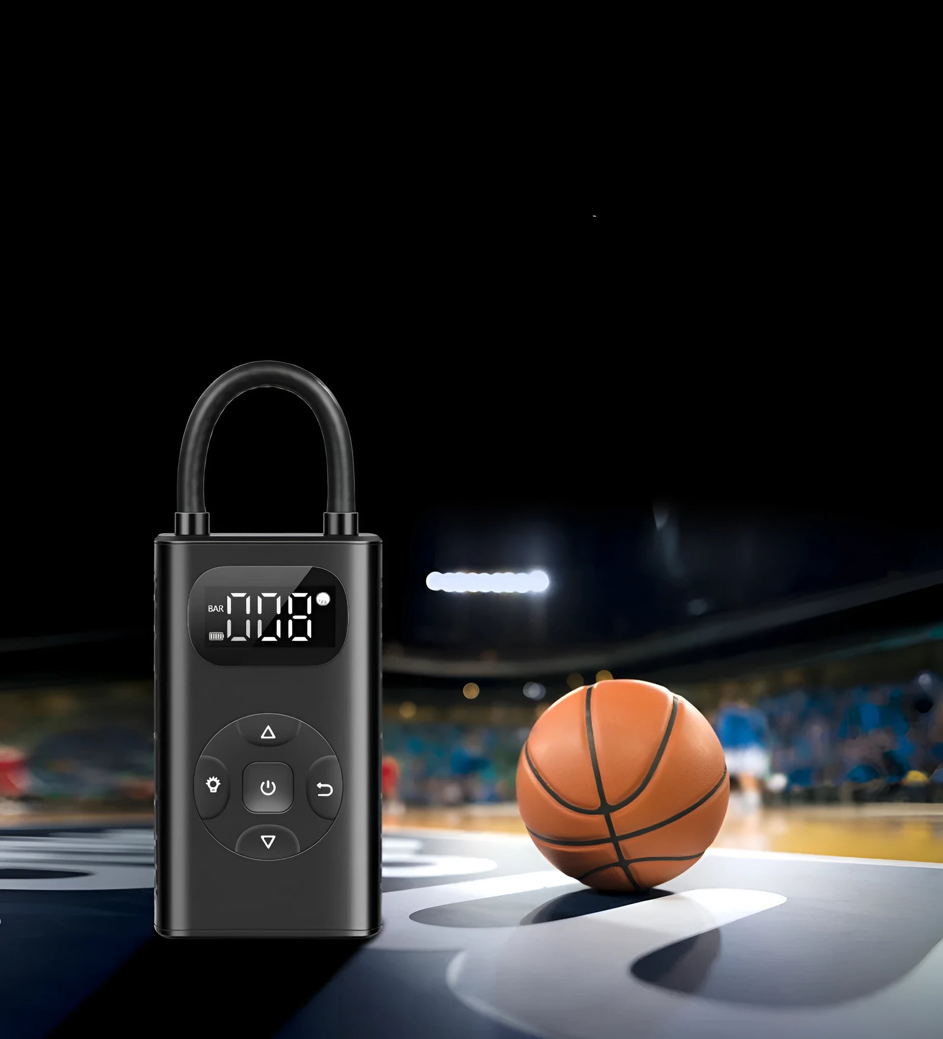 Black aviation aluminium portable tyre inflator with digital display and hose for cars and motorcycles.