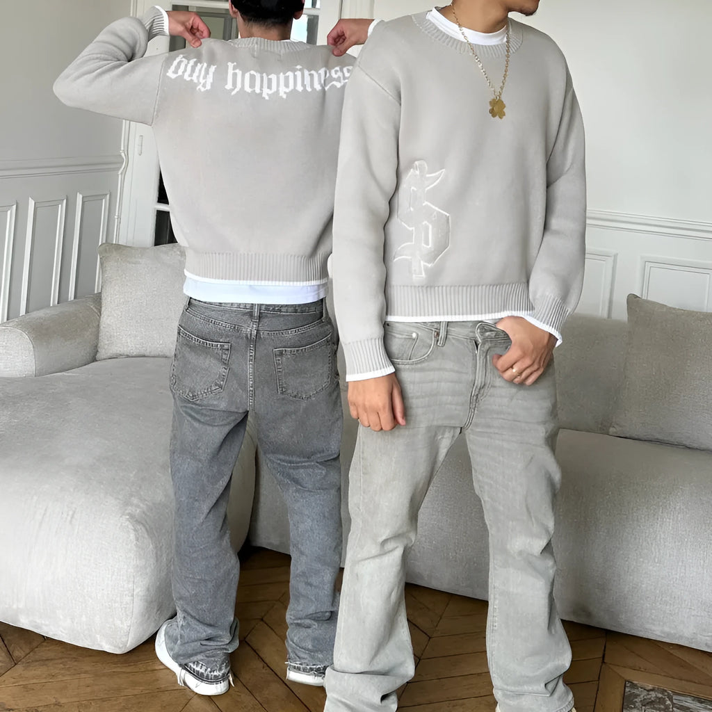 Grey jacquard knitwear coat with loose fit and long sleeves