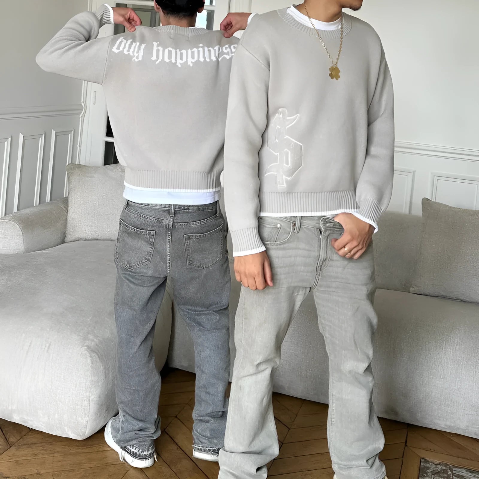 Grey jacquard knitwear coat with loose fit and long sleeves