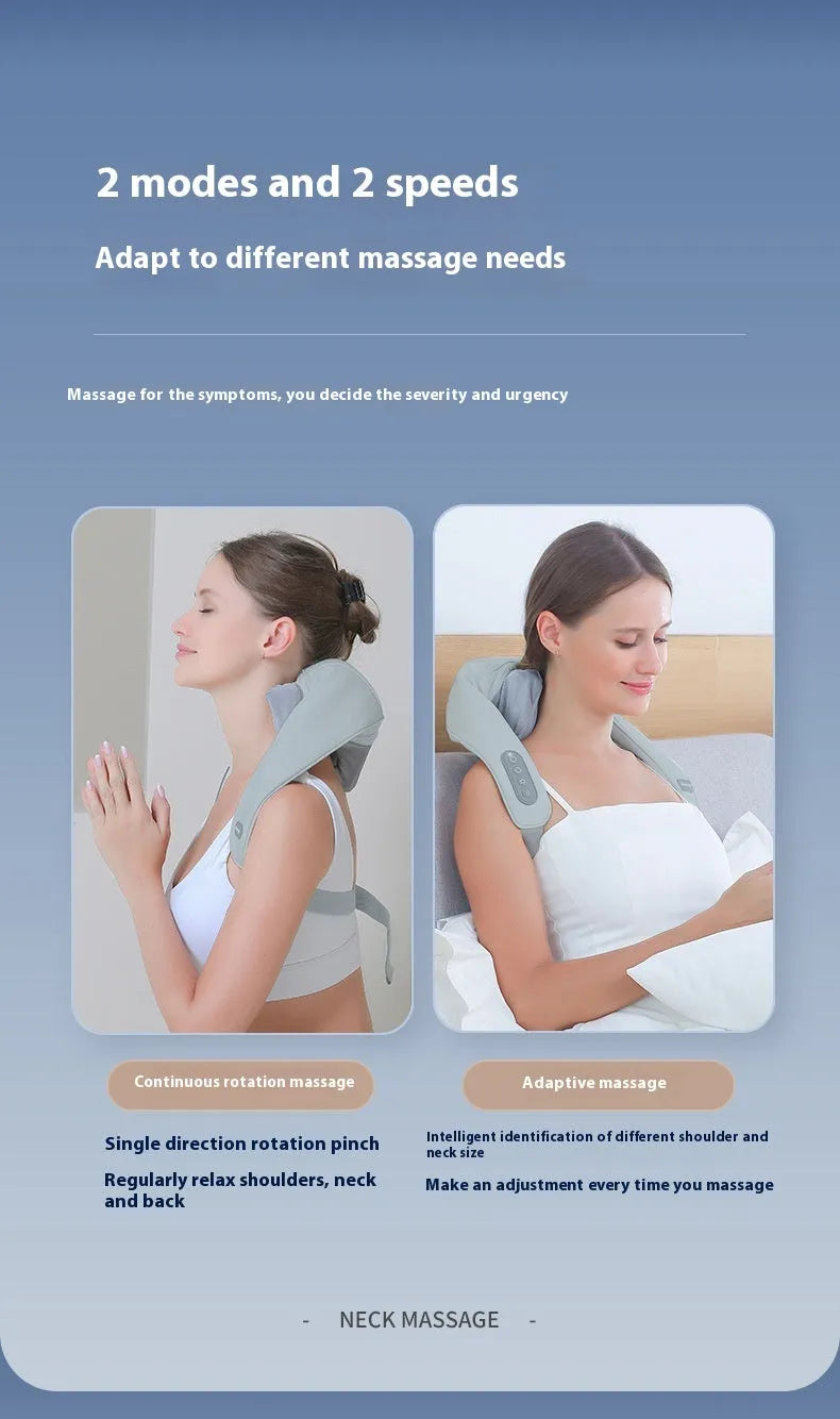 Grey elastic fabric neck massager with USB charging cable and infrared physiotherapy function