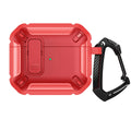 Two-tone plastic clamshell protective case for Apple AirPods charging case with a detachable hook.