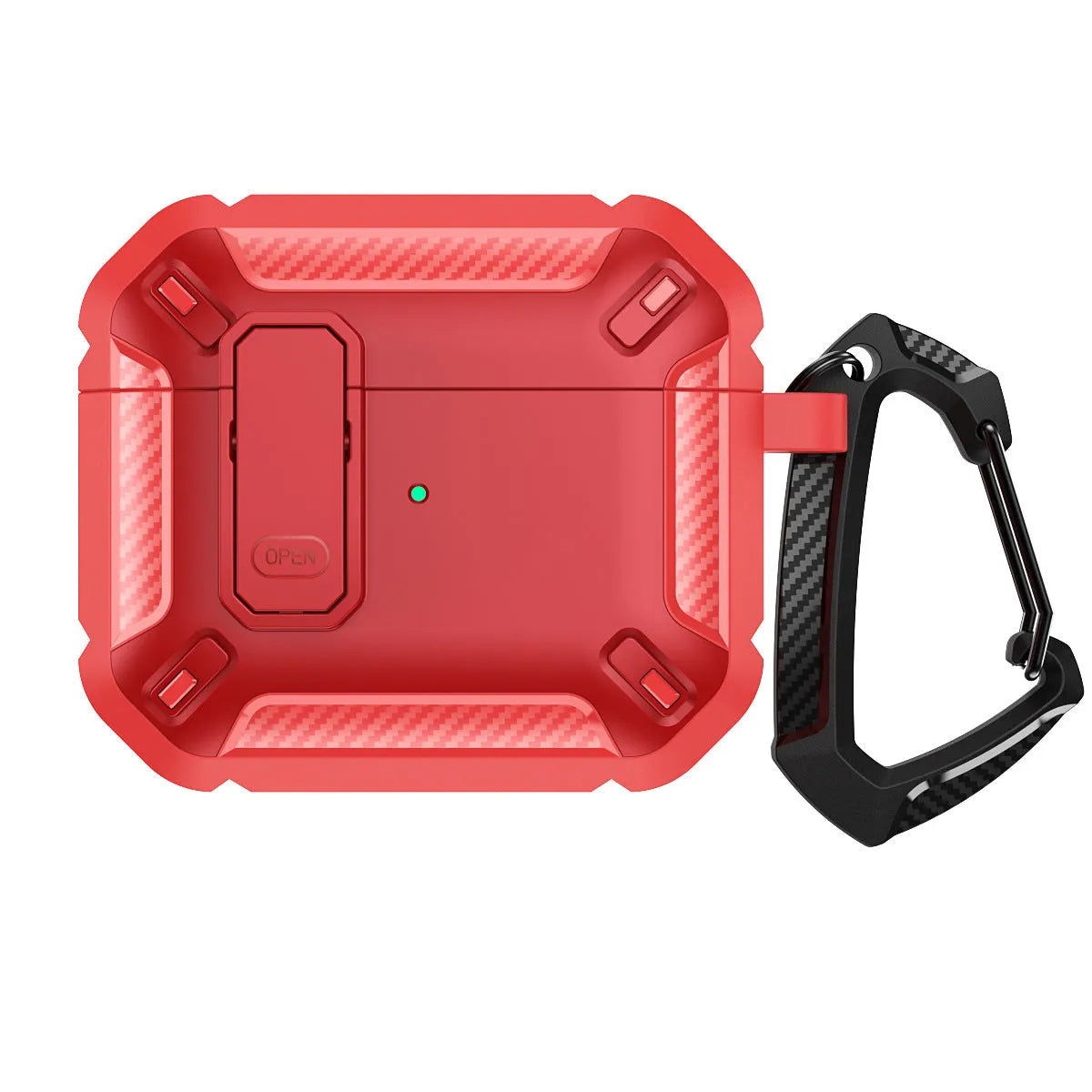 Two-tone plastic clamshell protective case for Apple AirPods charging case with a detachable hook.